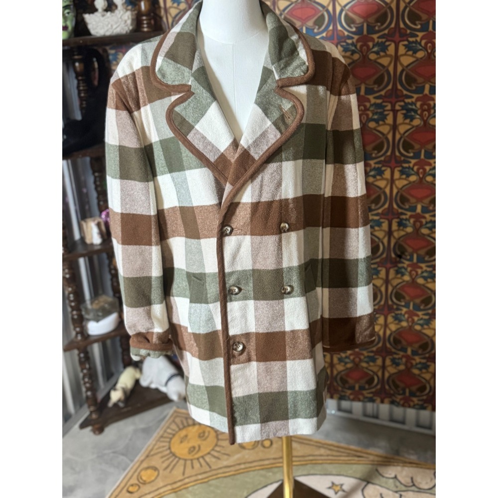 Lizwear Wool Blend‎ Plaid Jacket Coat Blazer Brown Green White Size Small